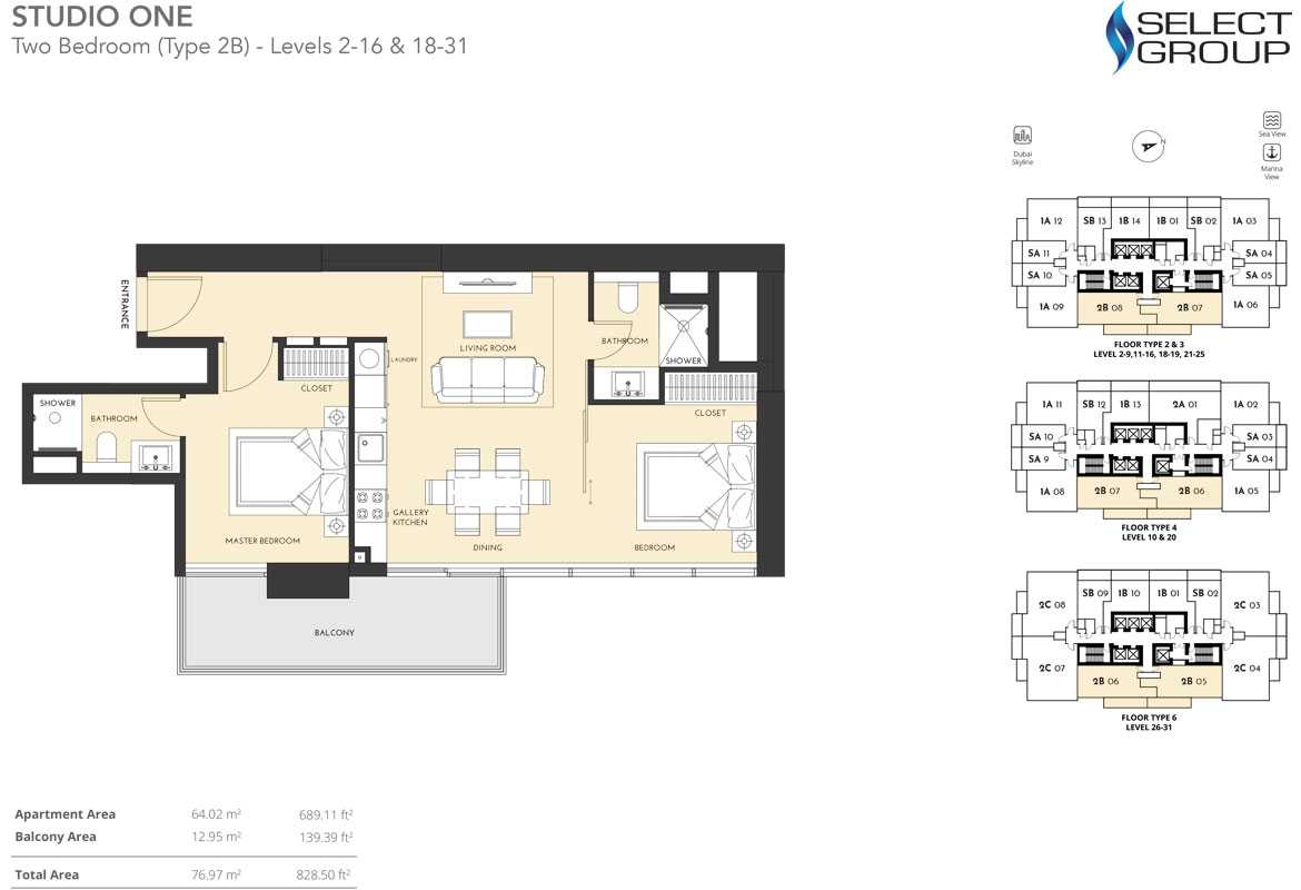 2 Bedroom, Type 2B - Level 2-16 & 18-31 Size 828.50 sq ft